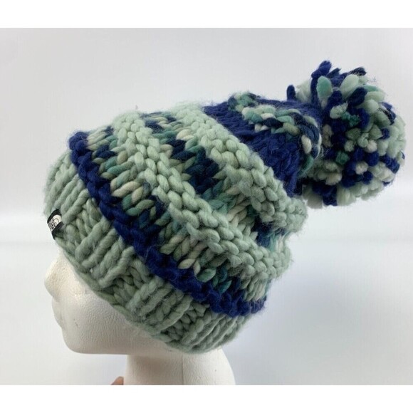 North Face Nanny Knit Beanie Blue Striped Chunky Pom Pom NF00A9EW Adult One Size - Picture 9 of 11